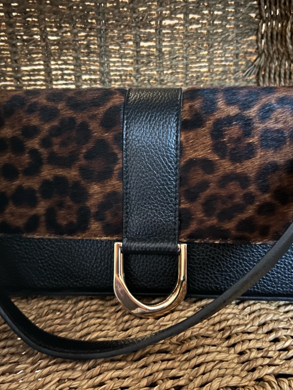 Leopard Print Shoulder Bag with Black Leather and Gold Accent